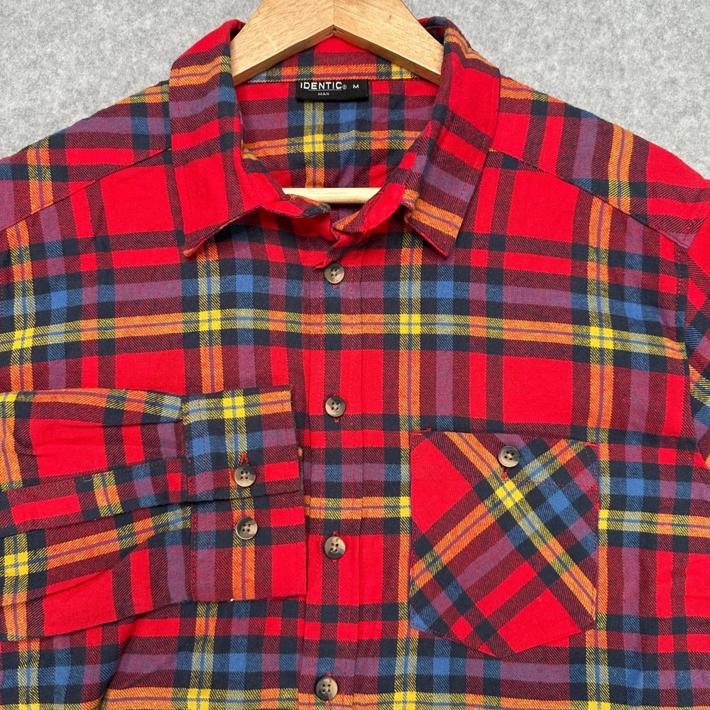 Identic Mens Flannel‎ Shirt Red Blue Yellow Plaid Long Sleeve Button Up Size M
